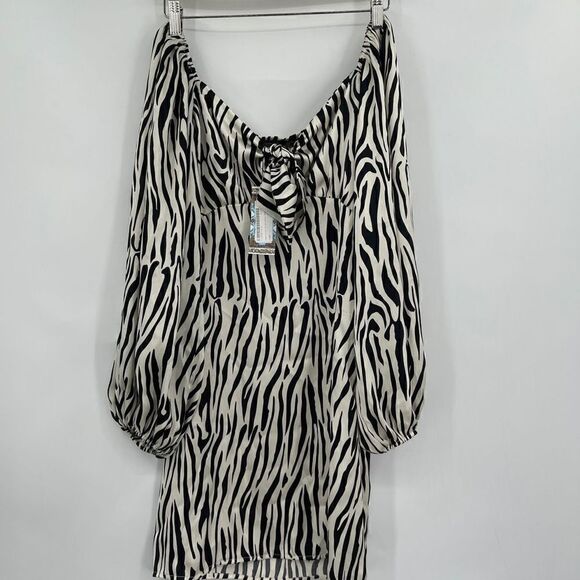 Boohoo Cream Black Zebra Print Volume Sleeve Mini Dress Size 4 - Picture 1 of 10
